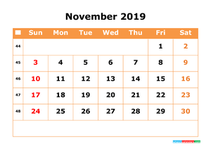 November 2019 Printable Calendar with Week Numbers for Free Download
