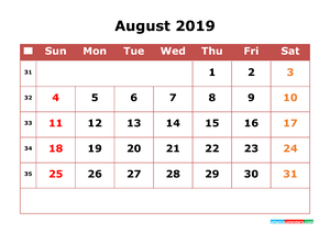August 2019 Printable Calendar with Week Numbers for Free Download