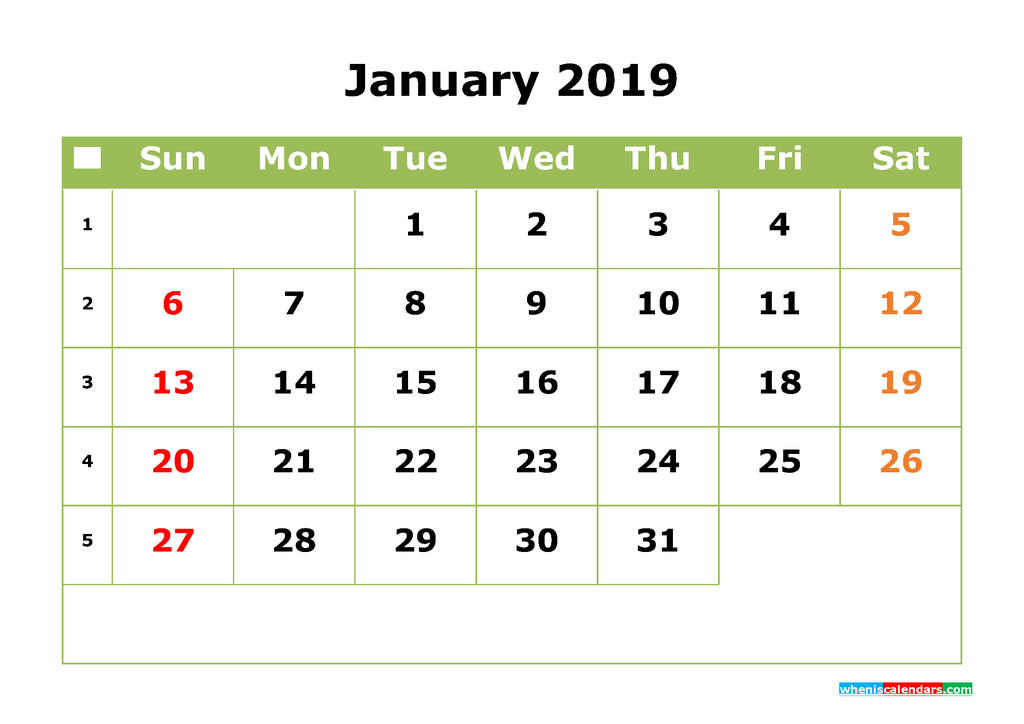 January 2019 Printable Calendar with Week Numbers for Free Download