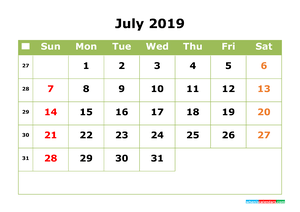 July 2019 Printable Calendar with Week Numbers for Free Download