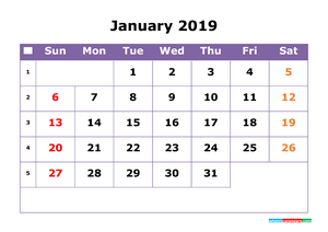 January 2019 Printable Calendar with Week Numbers for Free Download