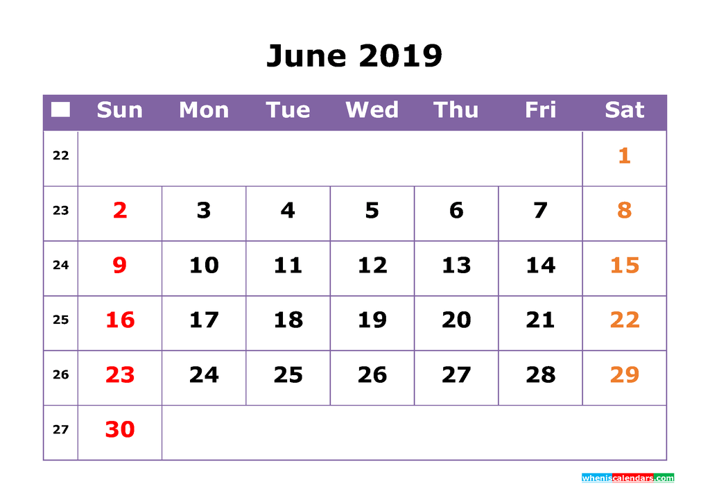 June 2019 Printable Calendar with Week Numbers for Free Download