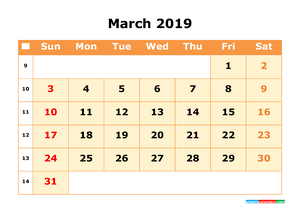March 2019 Printable Calendar with Week Numbers for Free Download