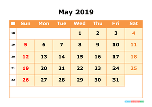 May 2019 Printable Calendar with Week Numbers for Free Download