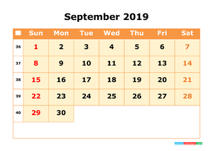 September 2019 Printable Calendar with Week Numbers for Free Download