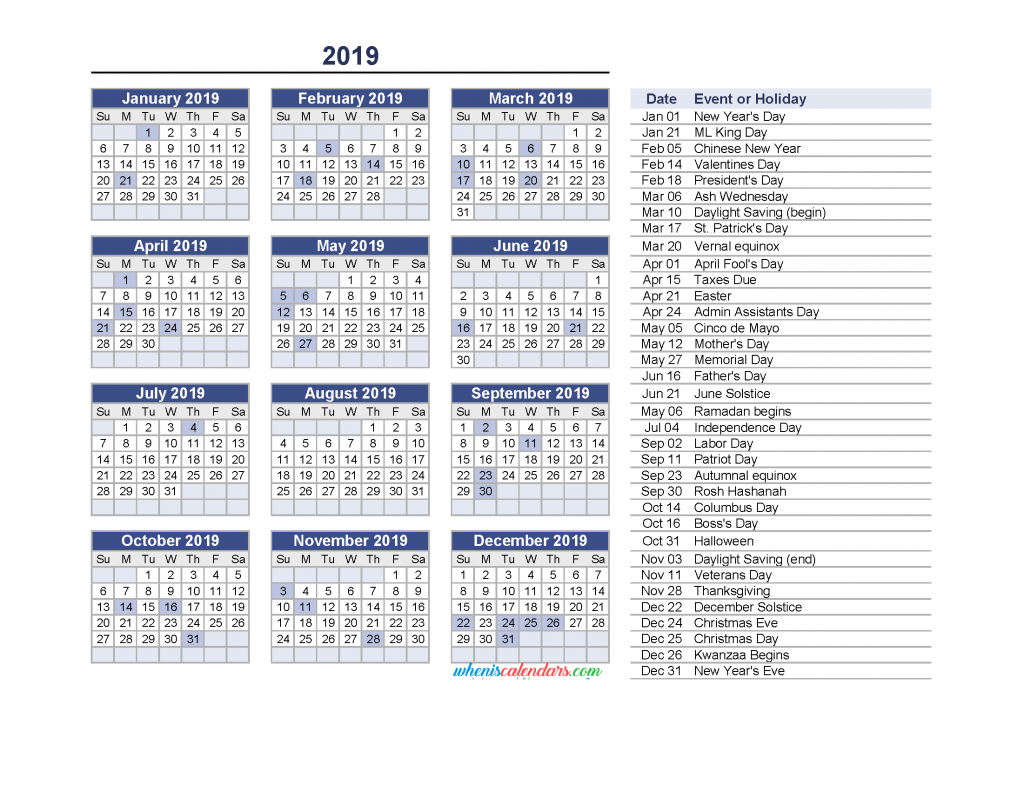 Yearly Calendar 2019 with Holidays Printable free Download as PDF and Image