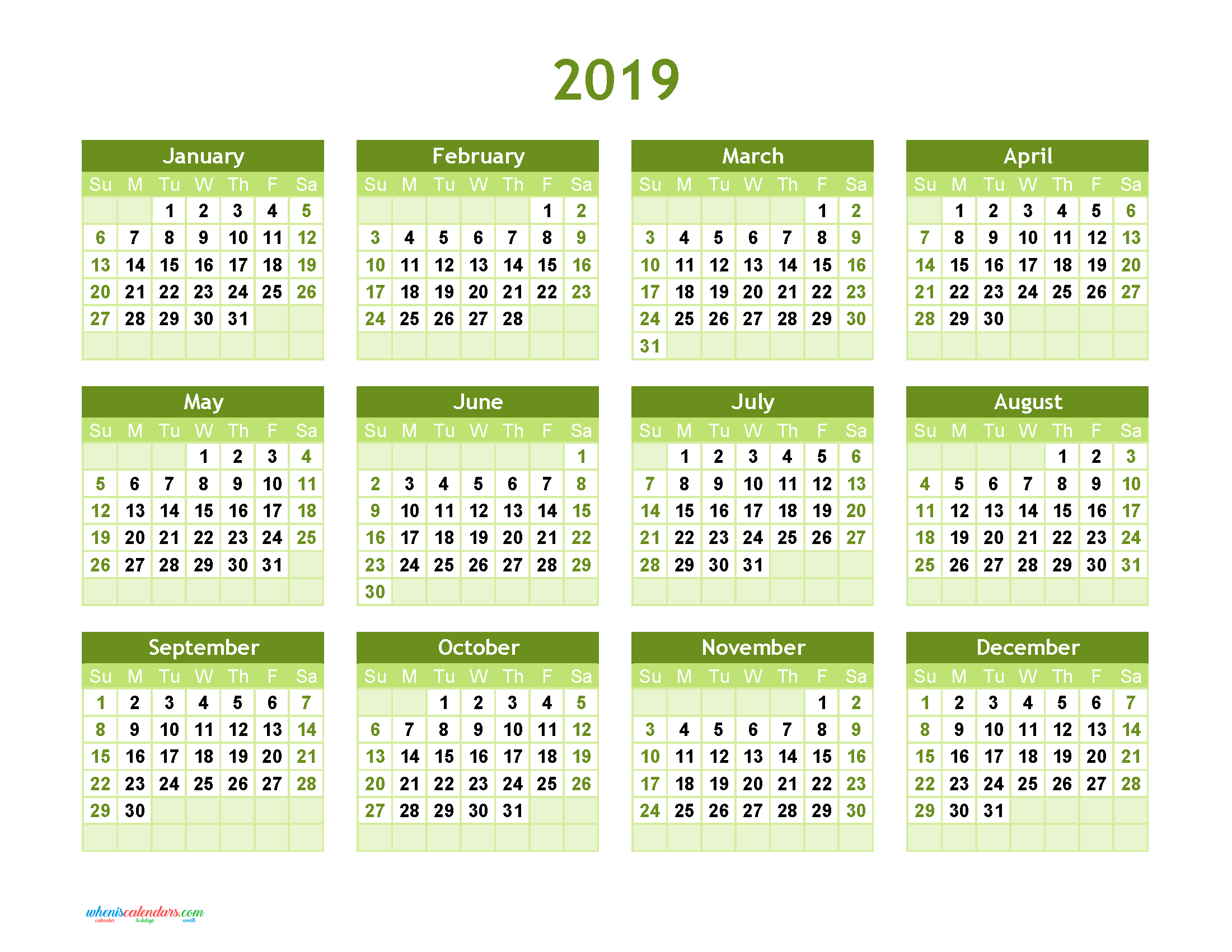 Yearly Calendar 2019 Printable Full Year Calendar 2019 ...