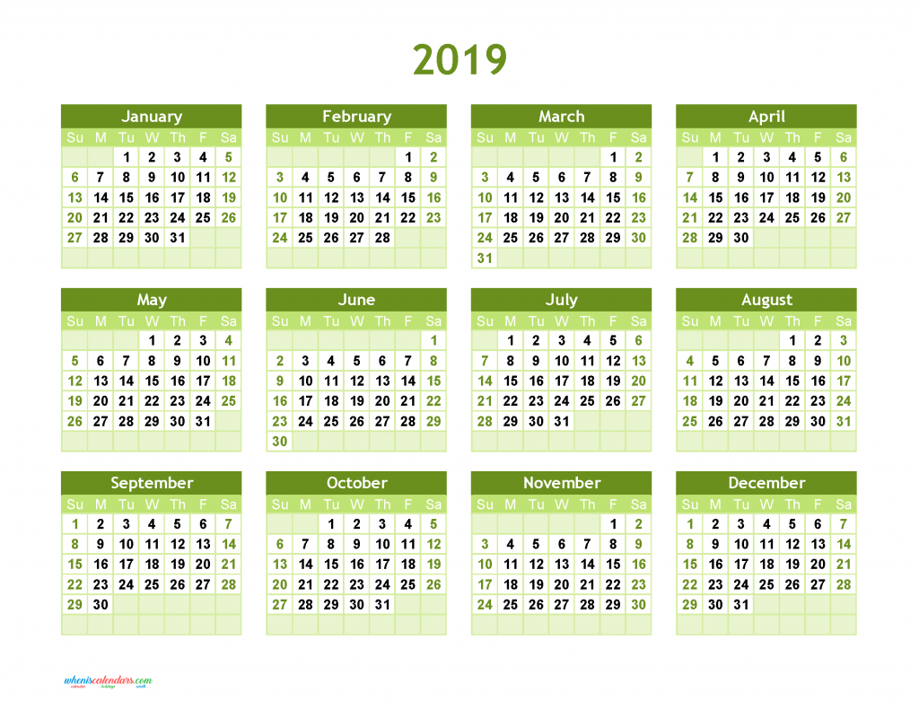 yearly-calendar-2019-printable-full-year-calendar-2019-green