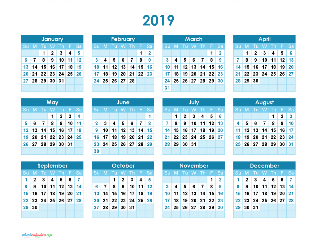 Yearly Calendar 2019 Printable. Annual Calendar 2019 for Free