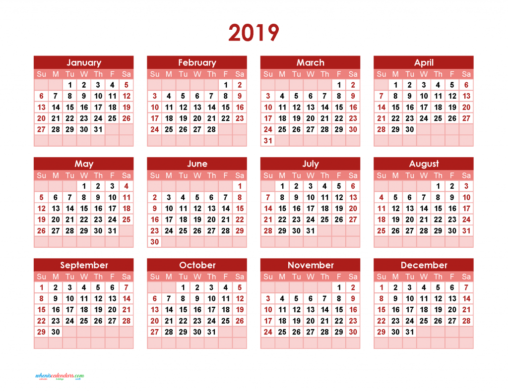 Yearly Calendar 2019 Printable. Annual Calendar 2019 for Free