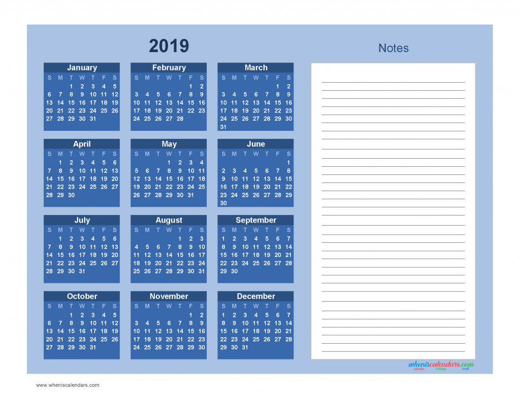 Printable Calendar 2019 with Notes free Download as PDF and Image - Color Blue