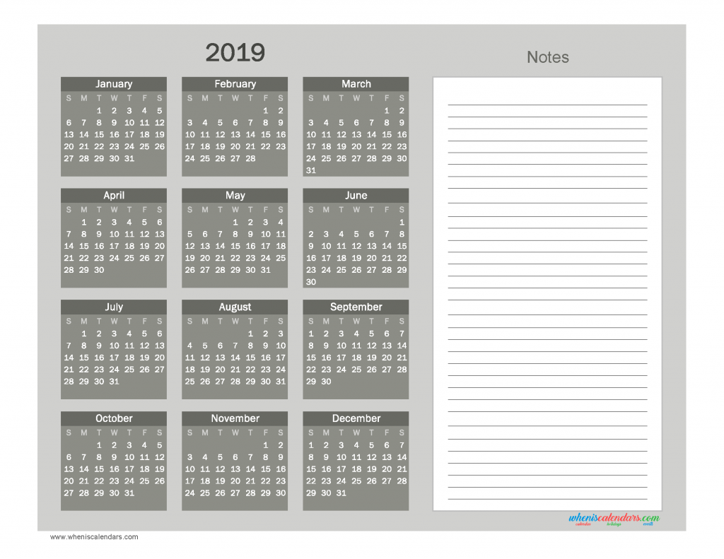 Printable Calendar 2019 with Notes free Download as PDF and Image - Color Grayscale