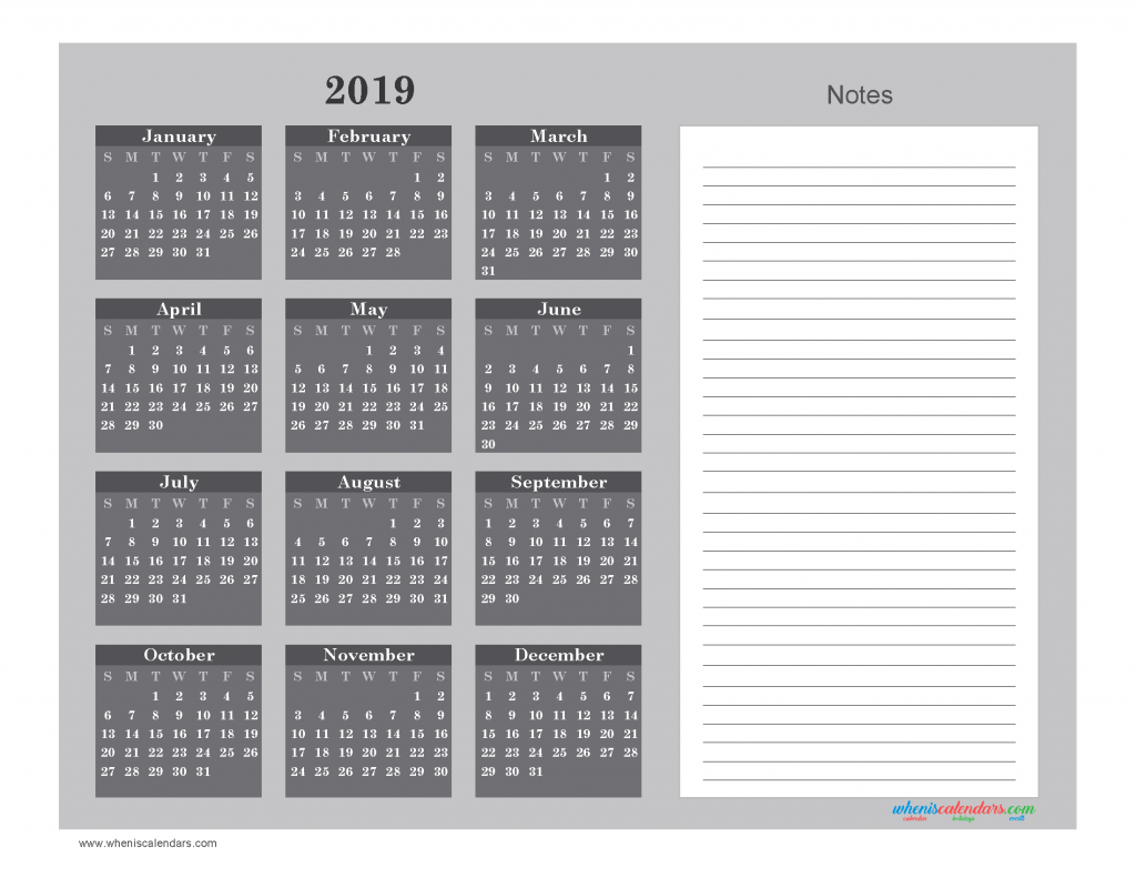 Printable Calendar 2019 with Notes free Download as PDF and Image - Color Gray