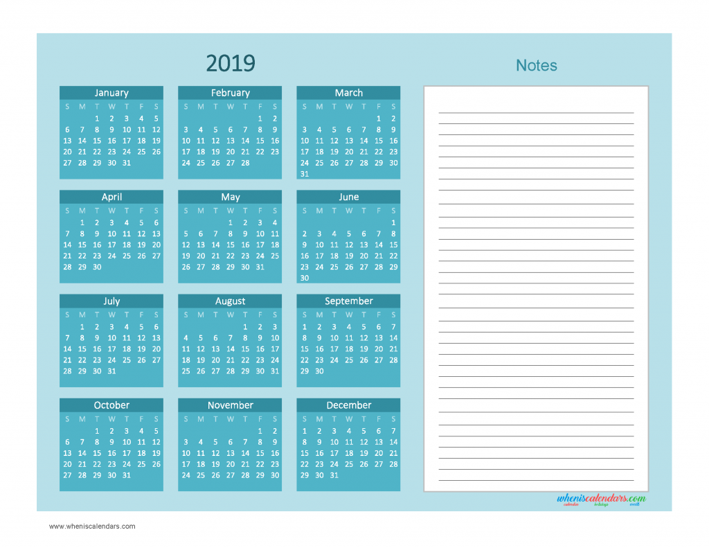 Printable Calendar 2019 with Notes free Download as PDF and Image - Color Ocean Blue