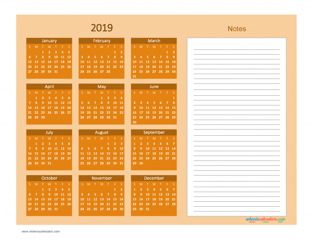 Printable Calendar 2019 with Notes free Download as PDF and Image - Color Orange