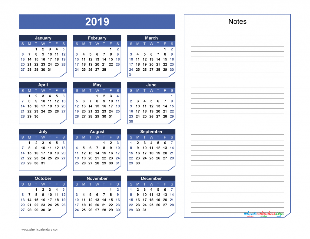 2019 Yearly Calendar with Notes Printable - Chamfer Collection, Blue Warm Design