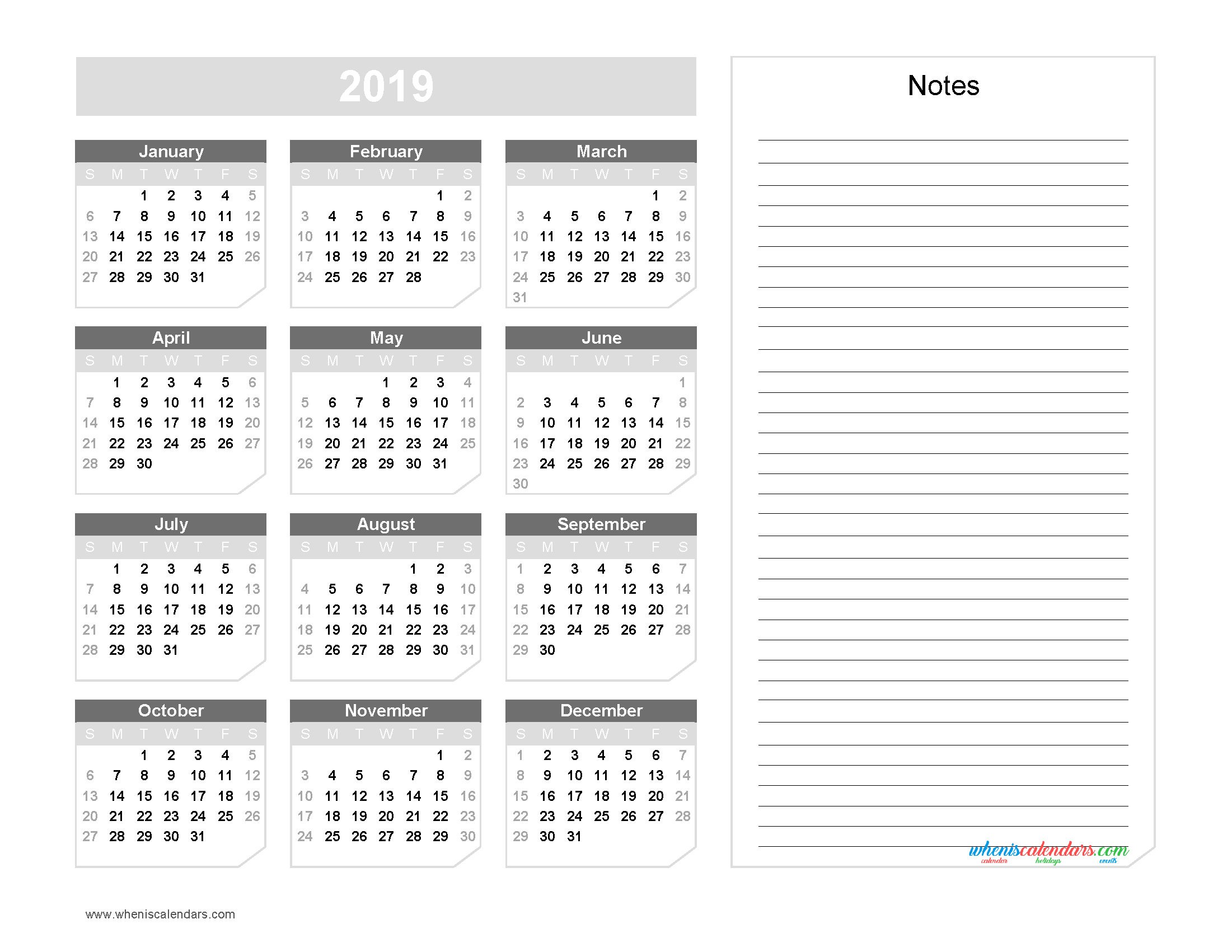 2019 Printable Calendar With Notes Yearly Calendar Printable Images