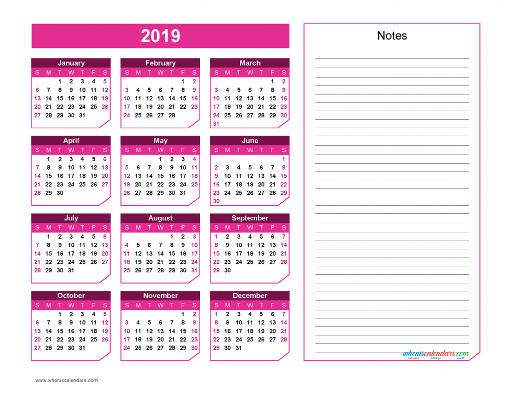 2019 Yearly Calendar with Notes Printable - Chamfer Collection, Red Violet Design