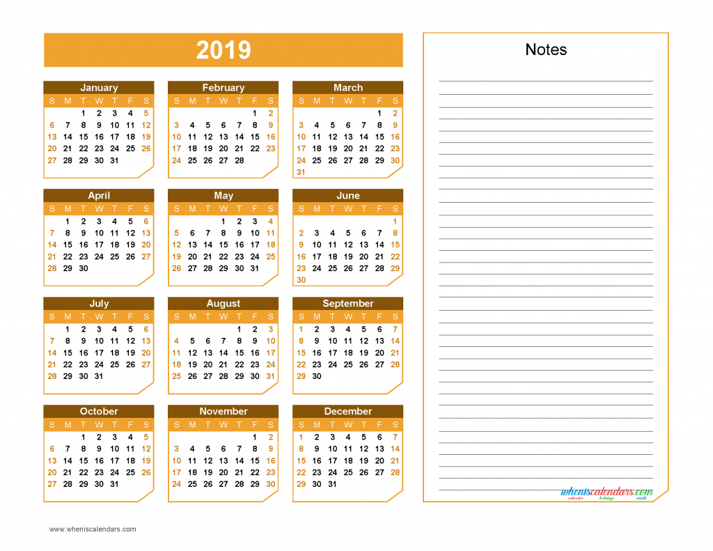 2019 Yearly Calendar with Notes Printable - Chamfer Collection, Yellow Orange Design