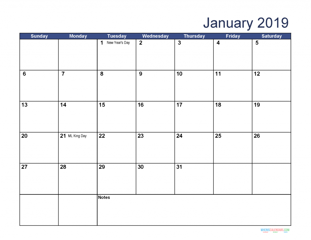 Free Download Printable January 2019 Calendar With Holidays