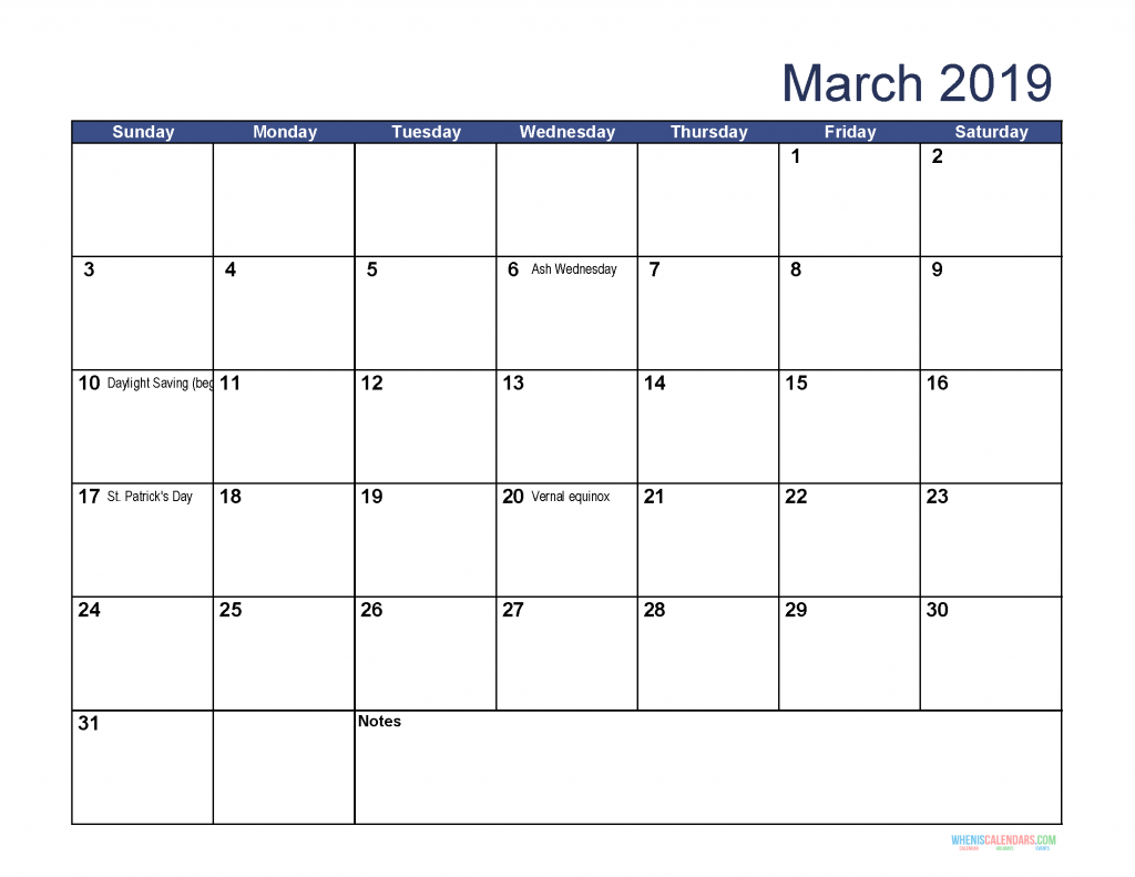 Free Download Printable March 2019 Calendar with Holidays