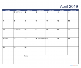Printable April 2019 Calendar with Holidays