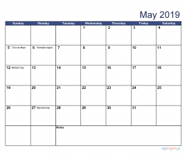 Printable May 2019 Calendar with Holidays