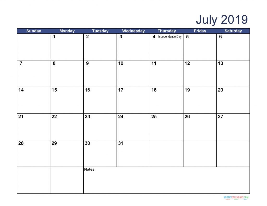 Free Download Printable July 2019 Calendar with Holidays