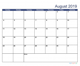 Printable August 2019 Calendar with Holidays