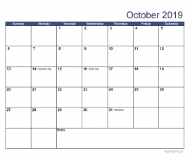 Printable October 2019 Calendar with Holidays