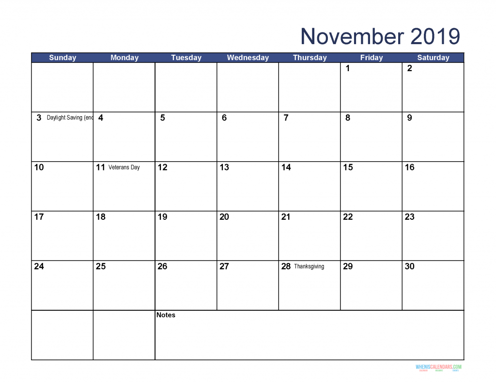 Free Download Printable November 2019 Calendar with Holidays