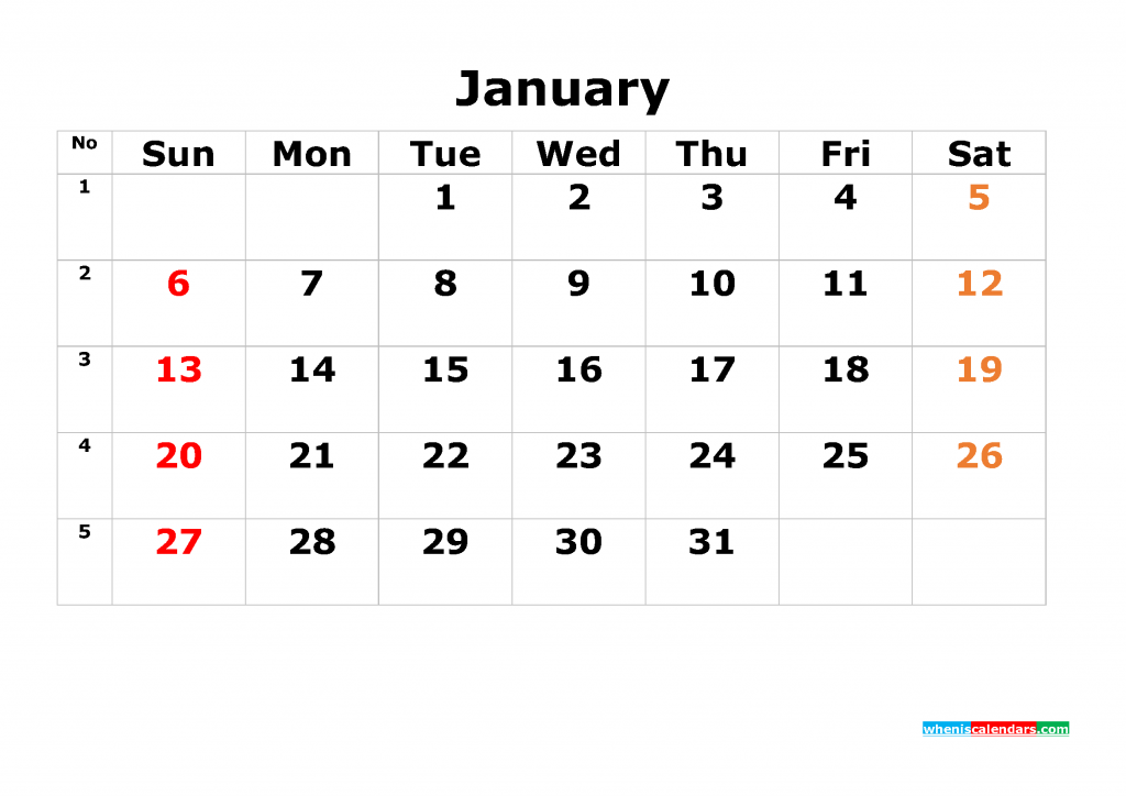 Printable Calendar Template January 2019 as PDF and JPG