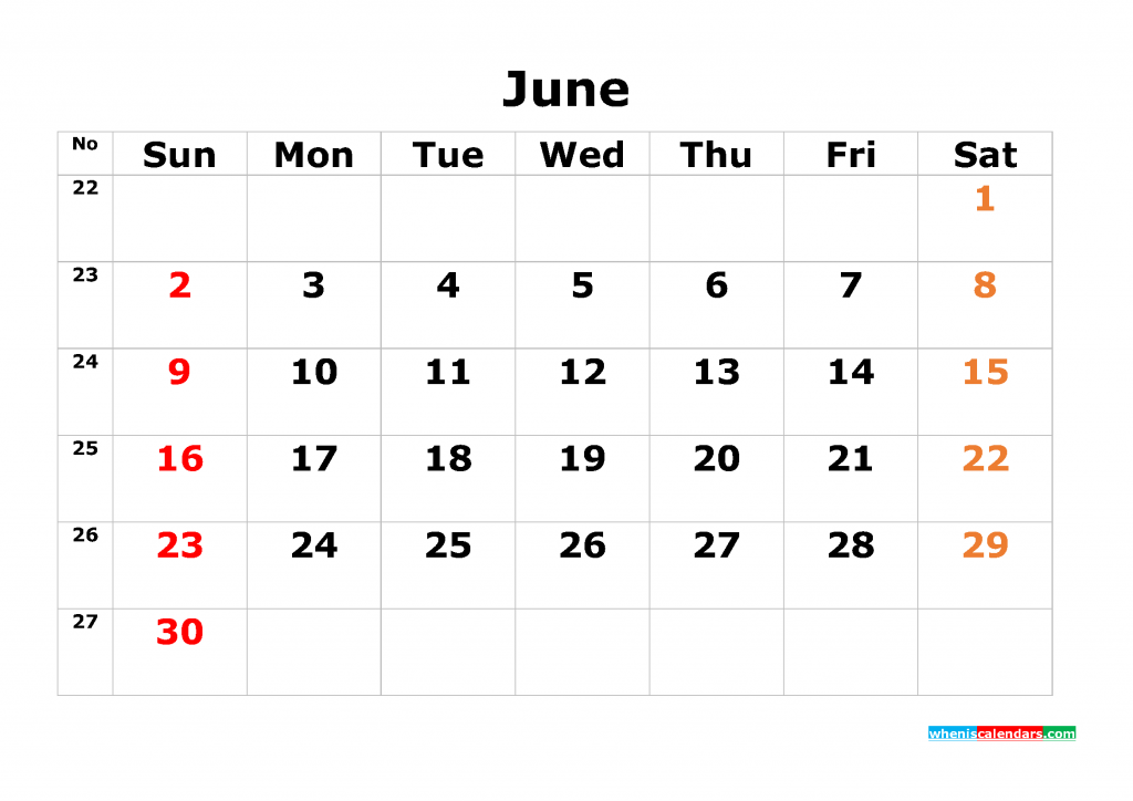 Printable Calendar Template June 2019 as PDF and JPG
