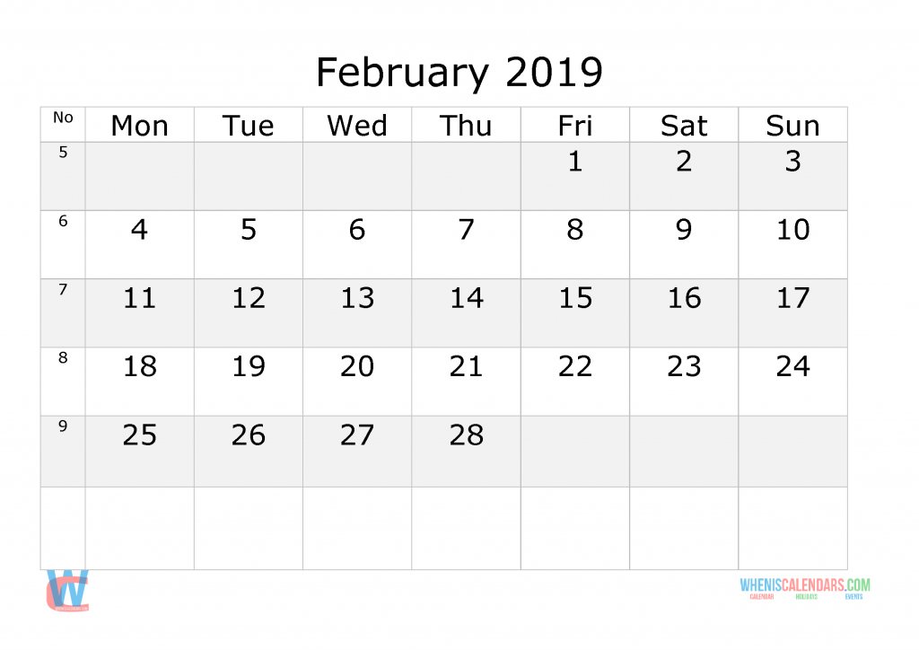 February 2019 Calendar with week numbers printable, start by Monday