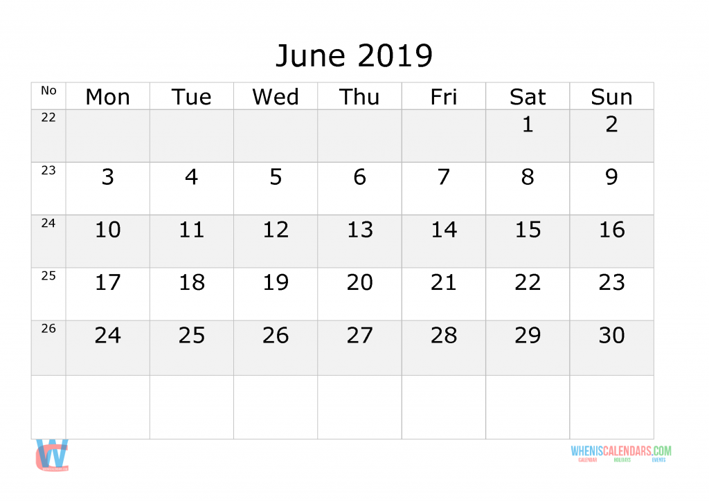 June 2019 Calendar with week numbers printable, start by Monday