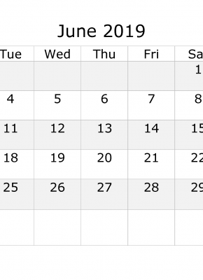 June 2019 Calendar with week numbers printable, week day start with Monday