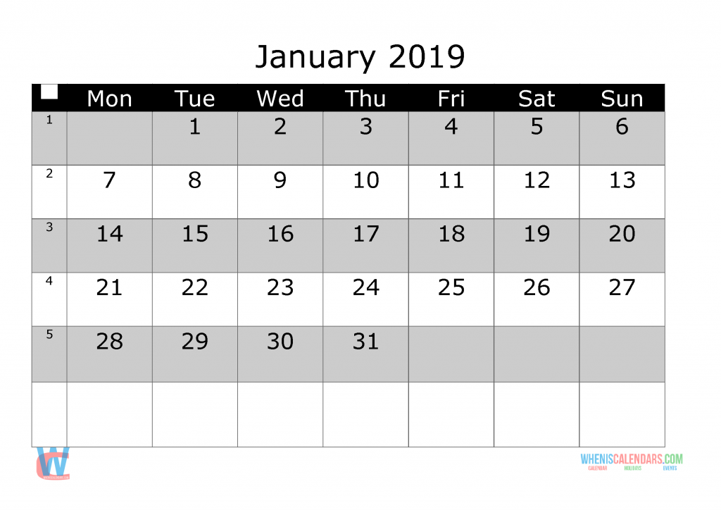 January 2019 Printable Monthly Calendar with Week Numbers, week day start by Monday.