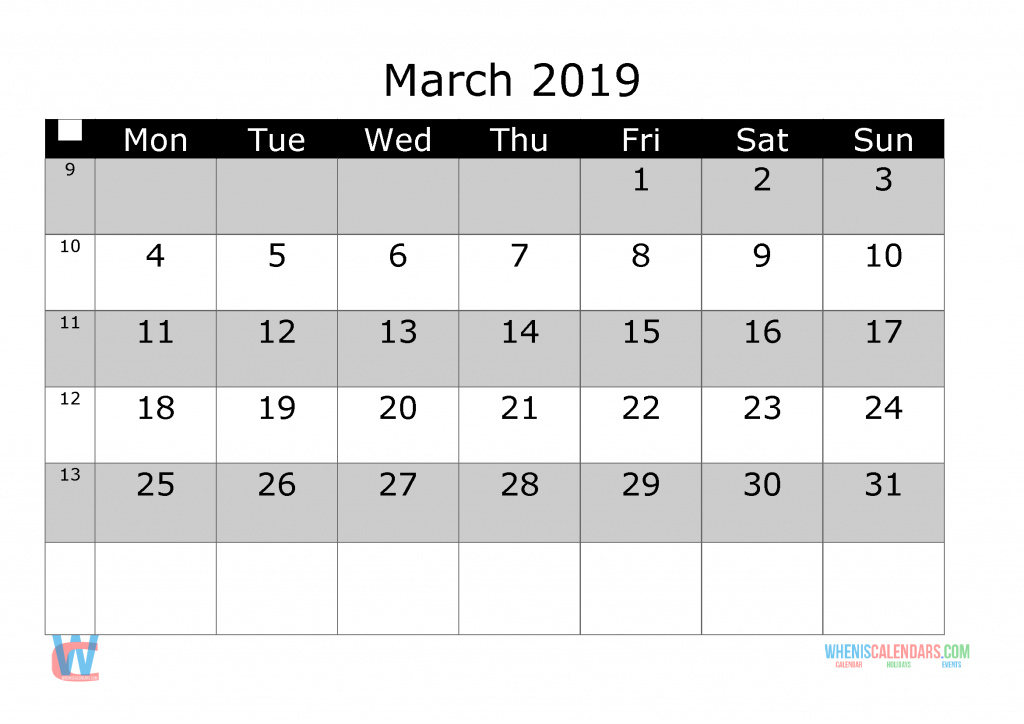 March 2019 Printable Monthly Calendar with Week Numbers, week day start by Monday.