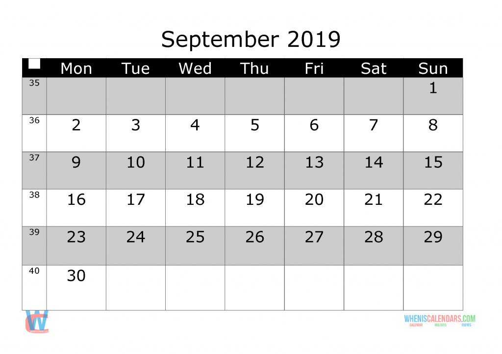 September 2019 Printable Monthly Calendar with Week Numbers, week day start by Monday.