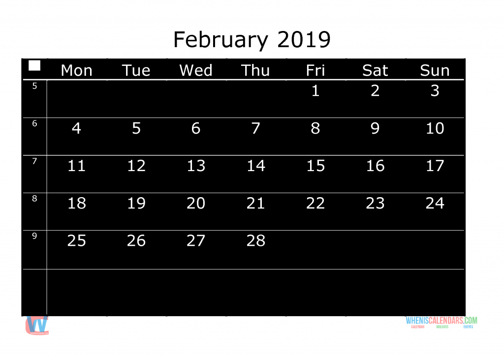 Printable Monthly Calendar 2019 February, the first day of the week is Monday