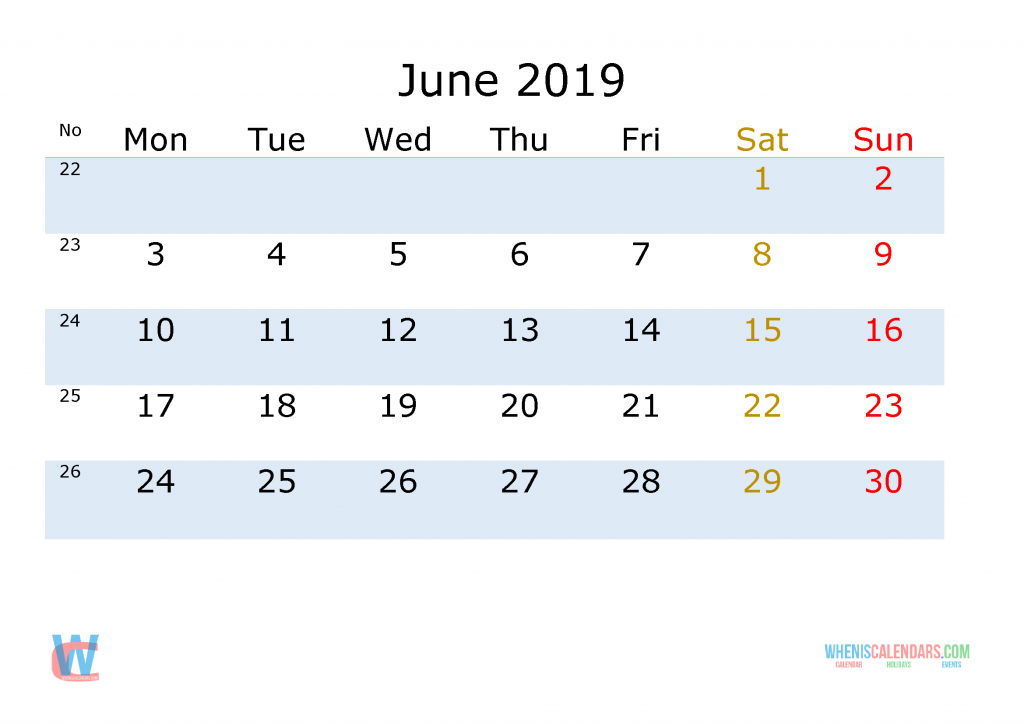June 2019 Printable Monthly Calendar with Week Numbers , the first day of the week is Monday