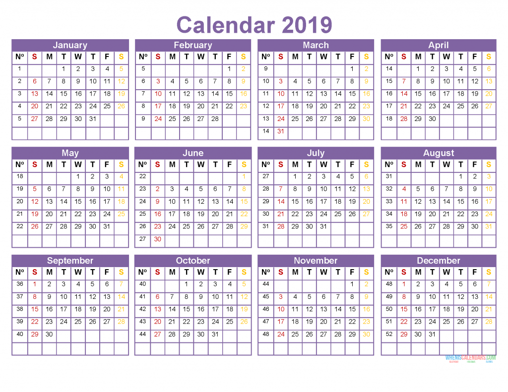 2019 12 Month Calendar Template Large Print Calendar 2019 PDF, Image
