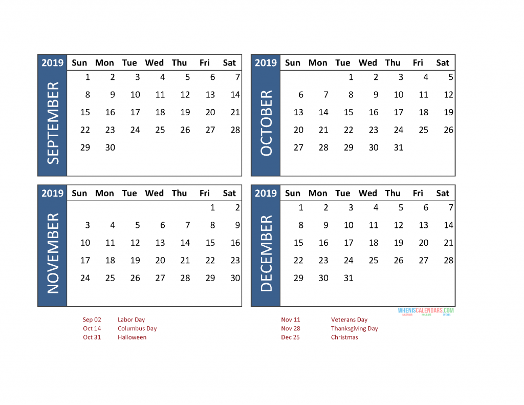 4 Month Calendar 2019 Printable January To December Free