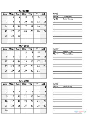 3 Month Calendar 2019 Quarterly Calendar Second Quarter 2019 April May June