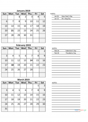 3 Month Calendar 2019 Quarterly Calendar First Quarter 2019 January February March