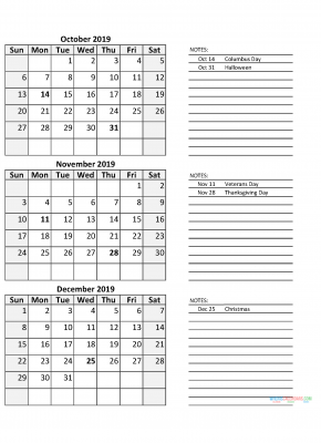 3 Month Calendar 2019 Quarterly Calendar Fourth Quarter 2019 October November December