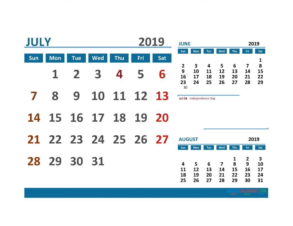 Printable Calendar July 2019 with Holidays 1 Month on 1 Page. June July August 3 Month Calendar 2019