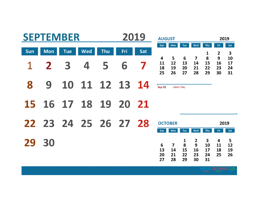 Printable Calendar September 2019 with Holidays 1 Month on 1 Page. August September October 3 Month Calendar 2019