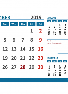 Printable Calendar November 2019 with Holidays 1 Month on 1 Page