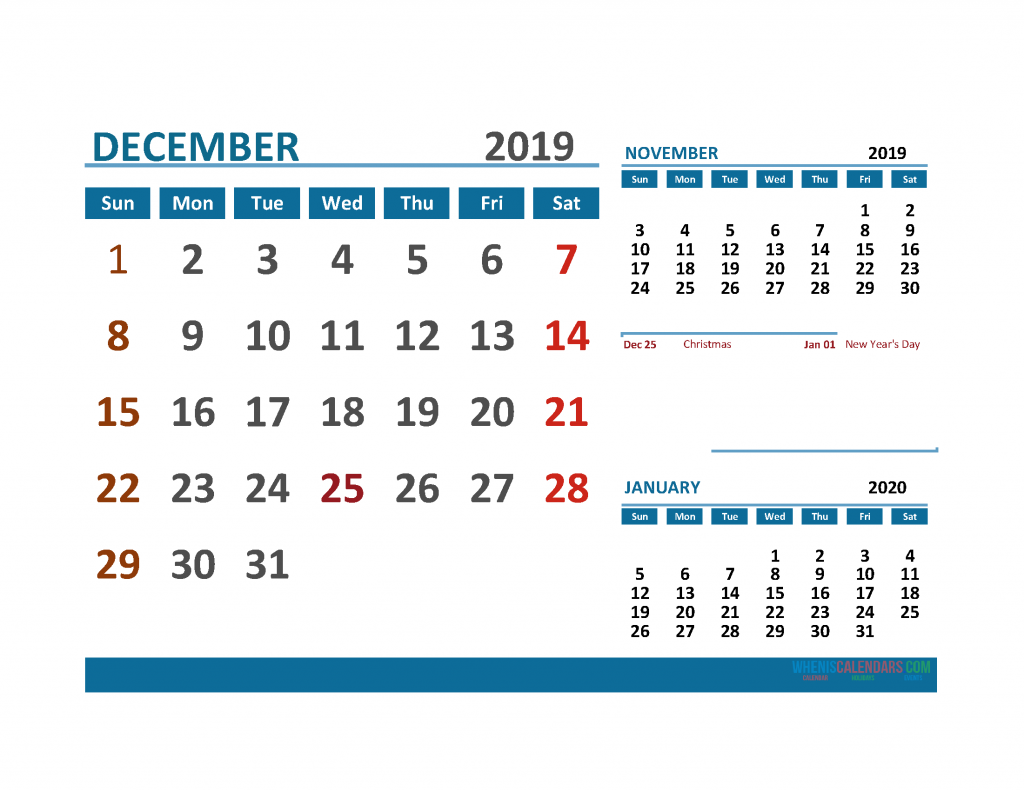 Printable Calendar December 2019 with Holidays 1 Month on 1 Page. November December 2019 and January 2020 3 Month Calendar